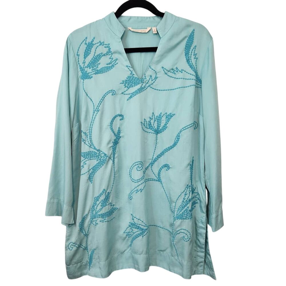 Soft Surroundings Aqua Boho Floral Embroidered 3/4 Sleeve Tunic Women's M